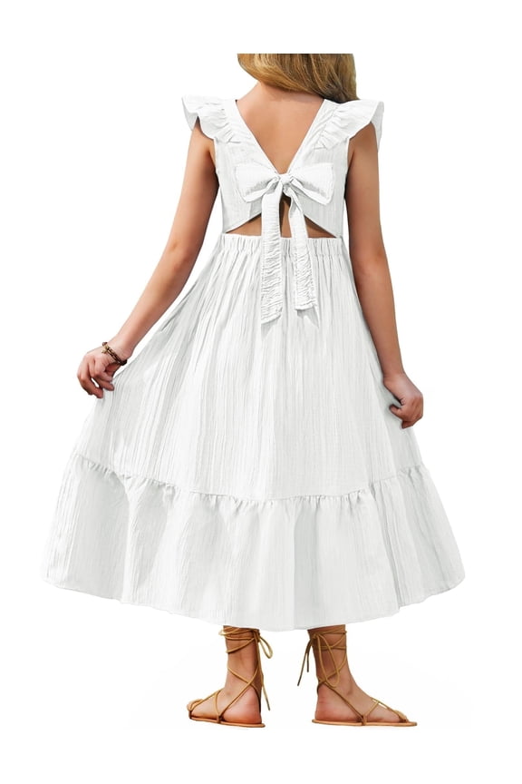 Tween Girl Summer Dresses Easter Graduation Tie Back Flutter Sleeve Maxi Dress