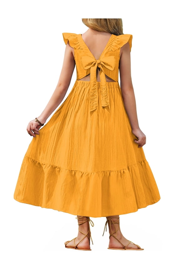 Tween Girl Summer Dresses Easter Graduation Tie Back Flutter Sleeve Maxi Dress