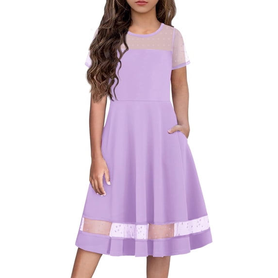 Arshiner Tween Girls Dress Formal Contrast Mesh Short Sleeve A Line Party Dresses with Pockets