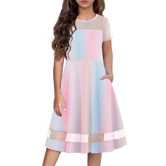 Arshiner Tween Girls Dress Formal Contrast Mesh Short Sleeve A Line Party Dresses with Pockets