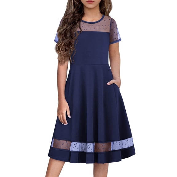 Arshiner Tween Girls Dress Formal Contrast Mesh Short Sleeve A Line Party Dresses with Pockets