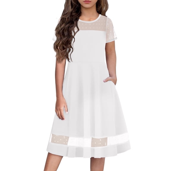 Arshiner Tween Girls Dress Formal Contrast Mesh Short Sleeve A Line Party Dresses with Pockets