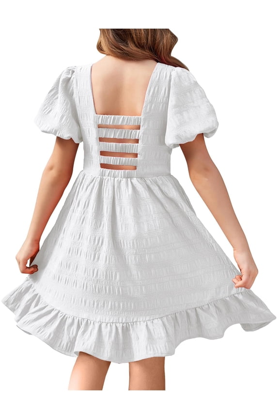 Girls Summer Dress Wedding Guest Backless Puff Sleeve Square Neck Formal Beach Flower Girl Dresses
