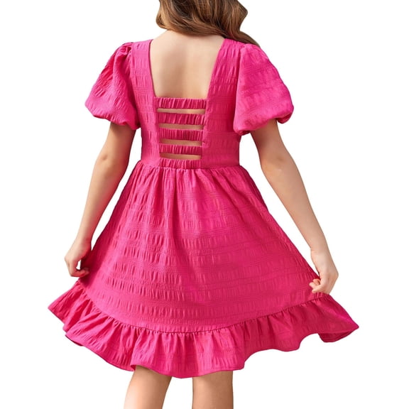 Arshiner Girls Dress Birthday Formal Special Occasion Puff Sleeve Open Back Square Neck Swing Dresses