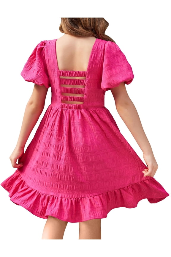 Girls Dress Birthday Formal Special Occasion Puff Sleeve Open Back Square Neck Swing Dresses