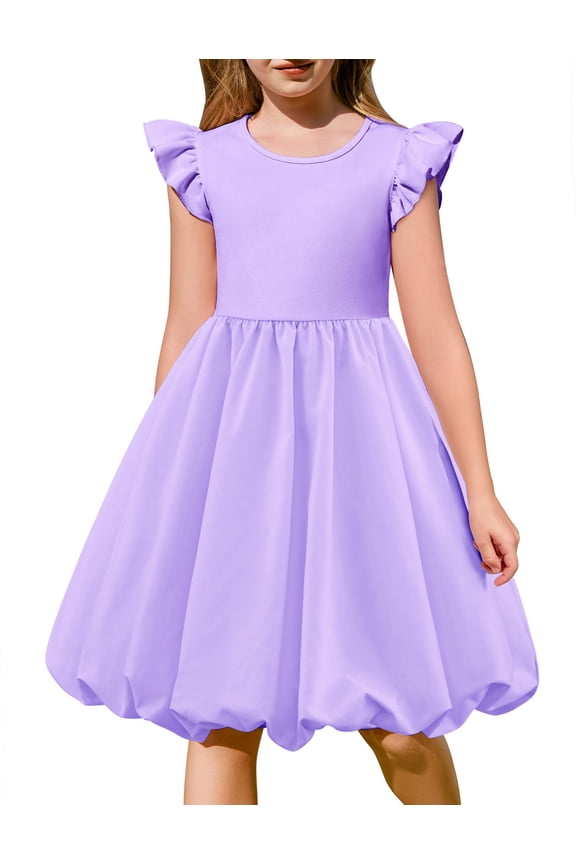 Tween Girls Summer Bubble Dress Ruffle Sleeve Casual Party Midi Dresses