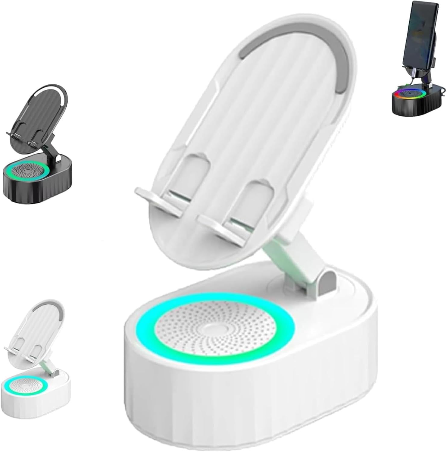 Arshipscho Nominateh Cell Phone Stand, 2025 Upgraded Cell Phone Stand with Induction Speaker/Power Bank/Atmosphere Light, 360° Rotating Foldable Holder Ideal for Home Office Travel (White)