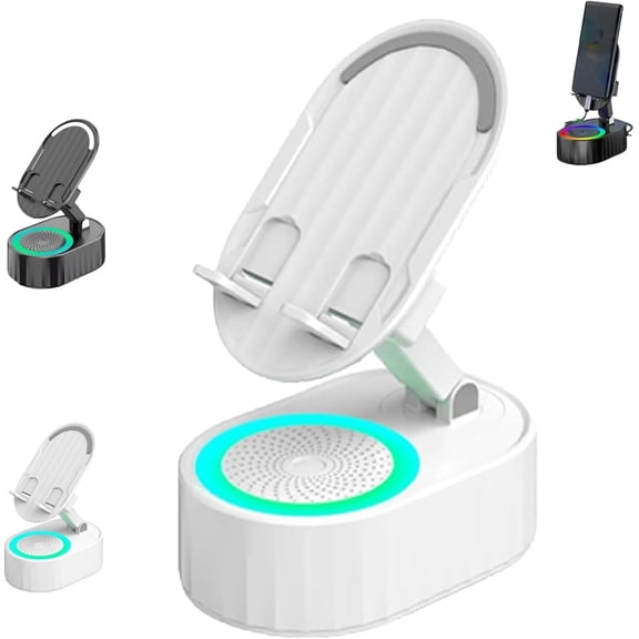 Arshipscho Nominateh Cell Phone Stand, 2025 Upgraded Cell Phone Stand with Induction Speaker/Power Bank/Atmosphere Light, 360 Rotating Foldable Holder Ideal for Home Office Travel (White)