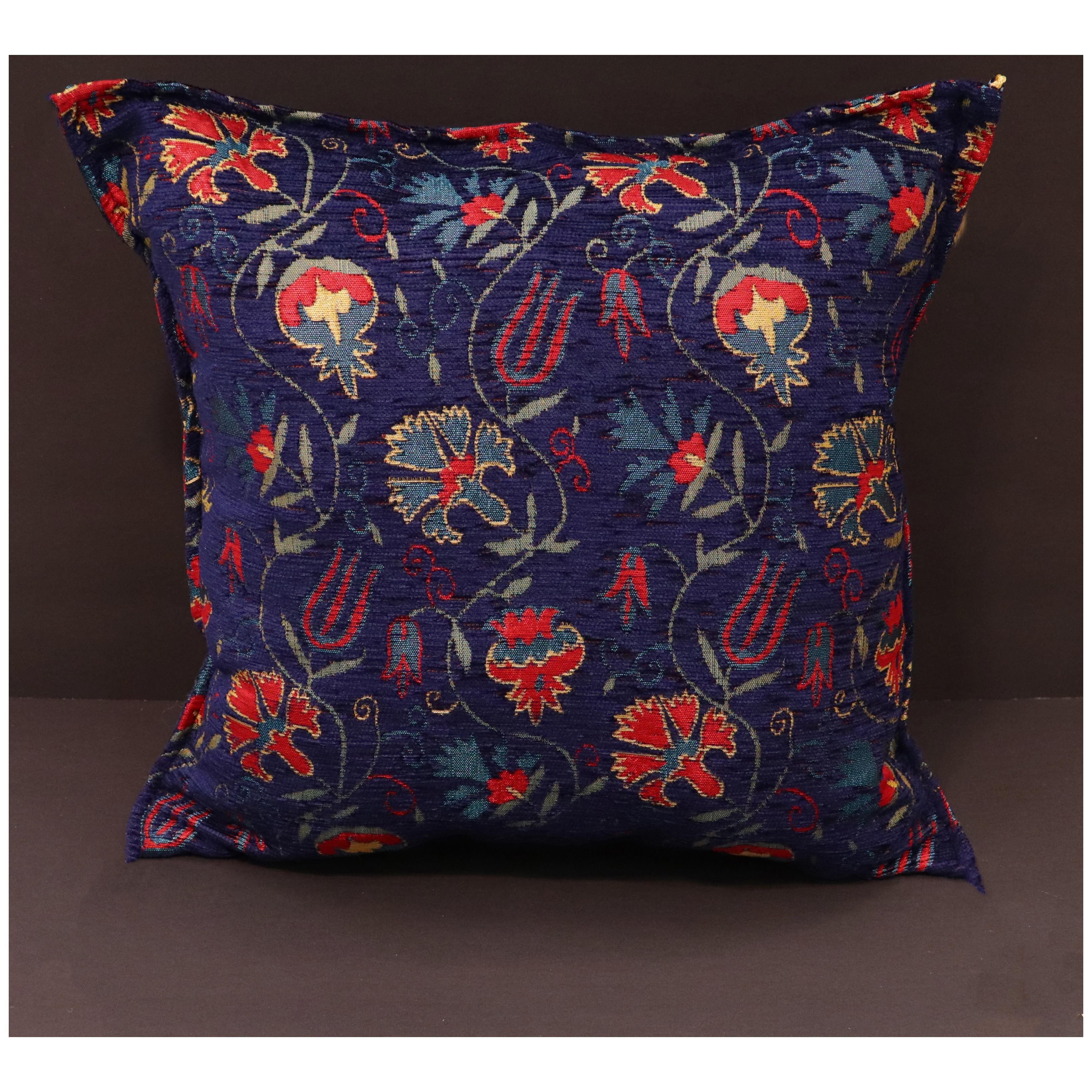 Navy Blue Chenille Turkish Decorative Throw Pillow with Tassels