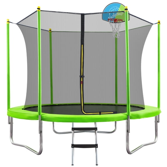 Arspjes 10ft Trampoline with Basketball Hoop,Outdoor Trampoline with Enclosure net and Ladder,Recreational Trampoline for Kids,Green