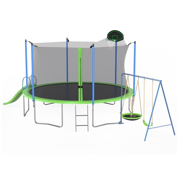 Arspjes 12FT Trampoline with Slide and Swings,Outdoor Large Recreational Trampoline with Safety Enclosure Net,Round Backyard Trampoline with Basketball Hoop and Ladder for Kids and Adults,Green