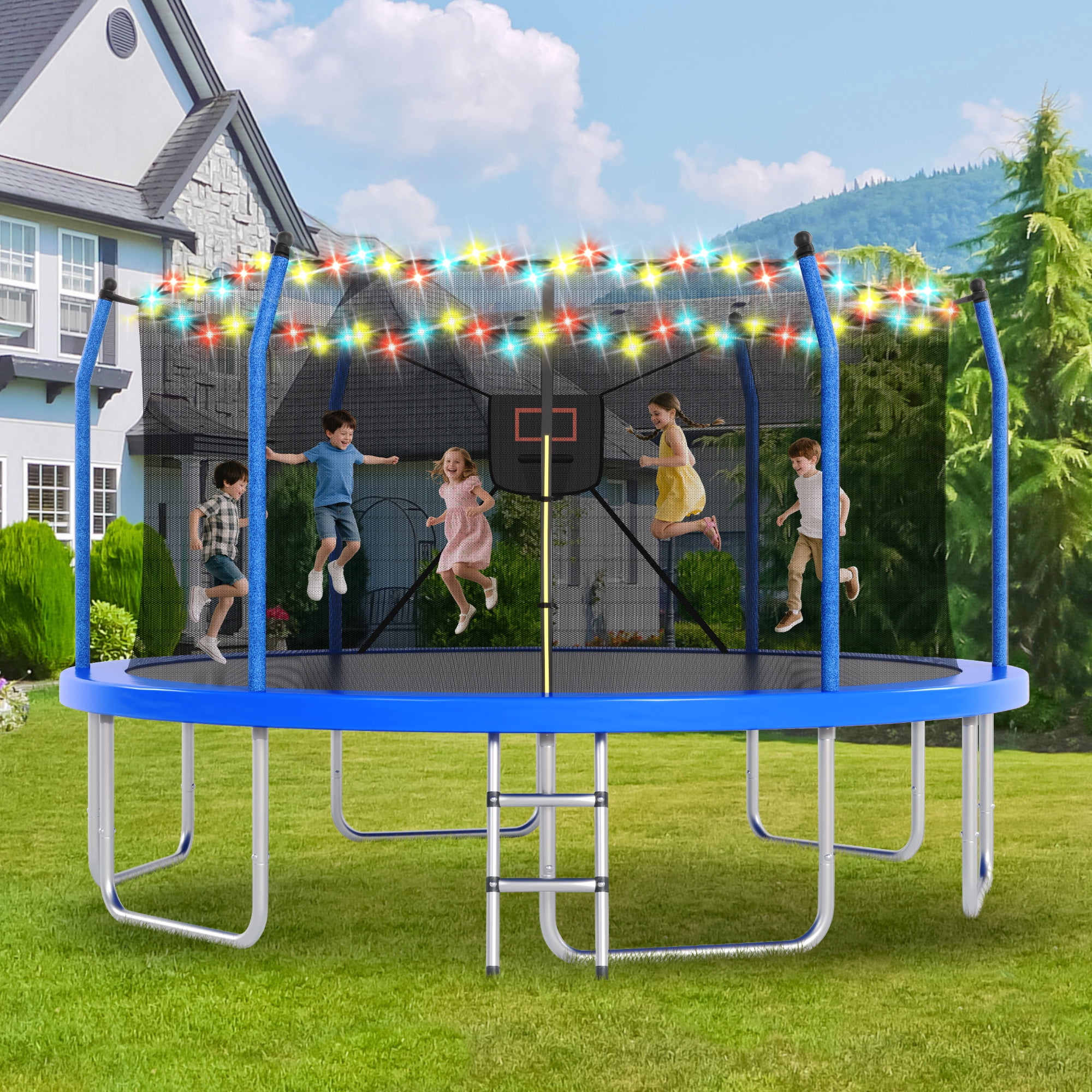 Arspjes 16FT Trampoline with Basketball Hoop and Lights, Outdoor Recreational Trampoine for Kids and Adults,Blue
