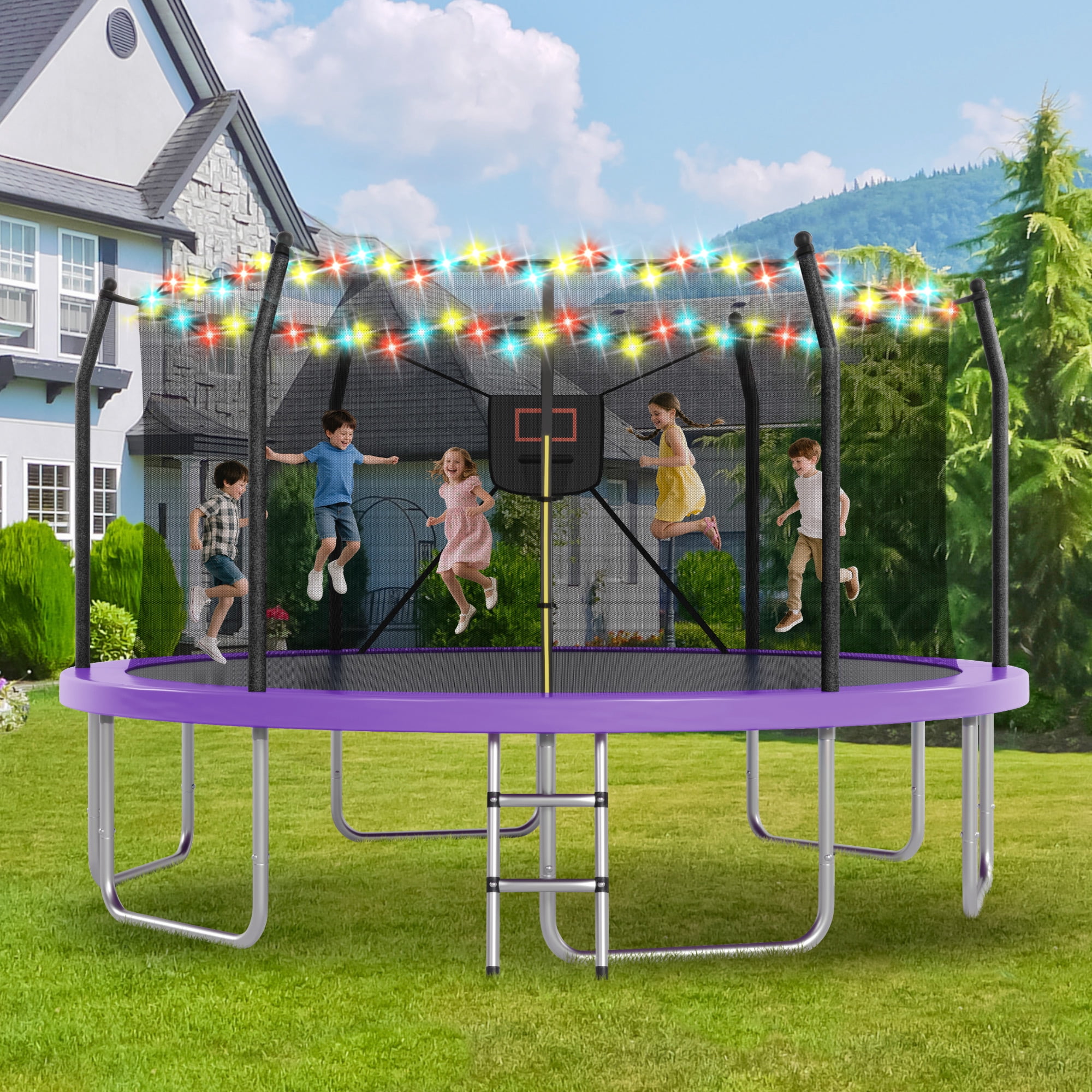 Arspjes 16FT Trampoline with Basketball Hoop and Lights, Outdoor Recreational Trampoine for Kids and Adults,Purple