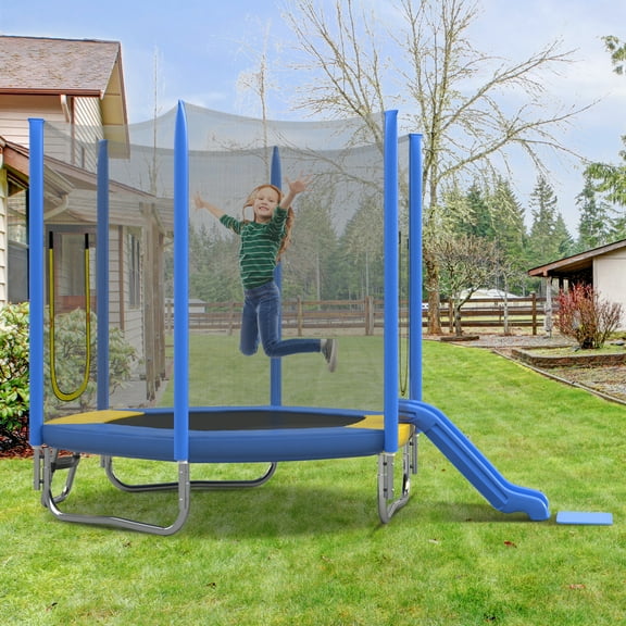 Arspjes 7FT Trampoline for Kids,Outdoor Recreational Trampolines with Safety Enclosure Net,Mini Trampoline with Slide and Ladder,Blue