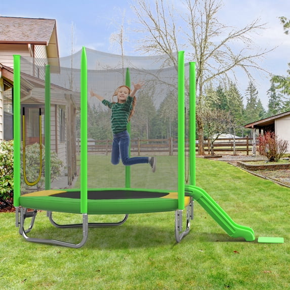 Arspjes 7FT Trampoline for Kids,Outdoor Recreational Trampolines with Safety Enclosure Net,Mini Trampoline with Slide and Ladder,Green