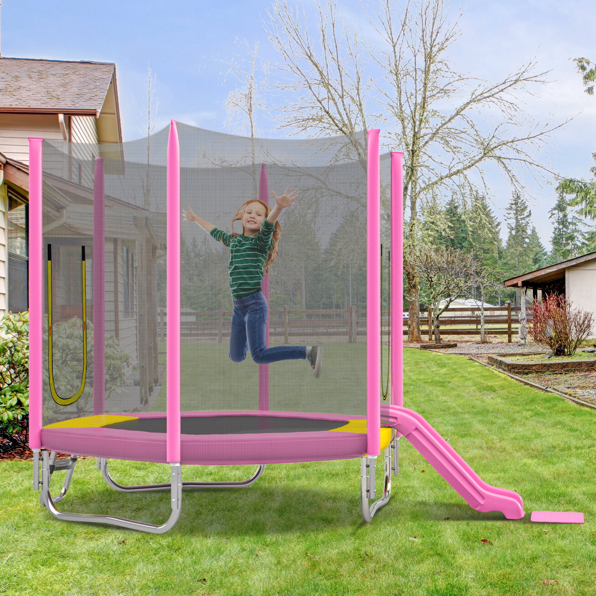 Arspjes 7FT Trampoline for Kids,Outdoor Recreational Trampolines with Safety Enclosure Net,Mini Trampoline with Slide and Ladder,Pink