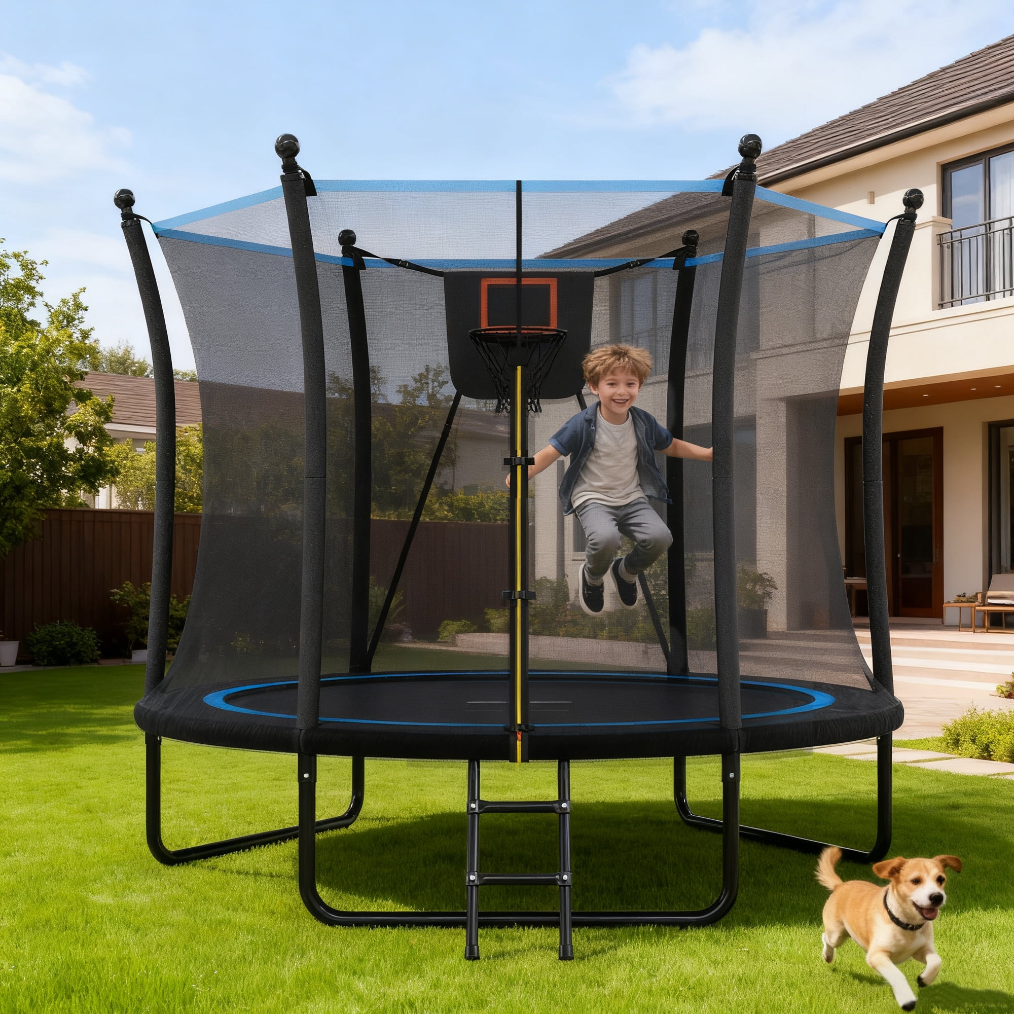 Arspjes 8FT Trampoline for Kids,Outdoor Trampoline with Enclosure net and Ladder,Backyard Recreational Trampoline,Black