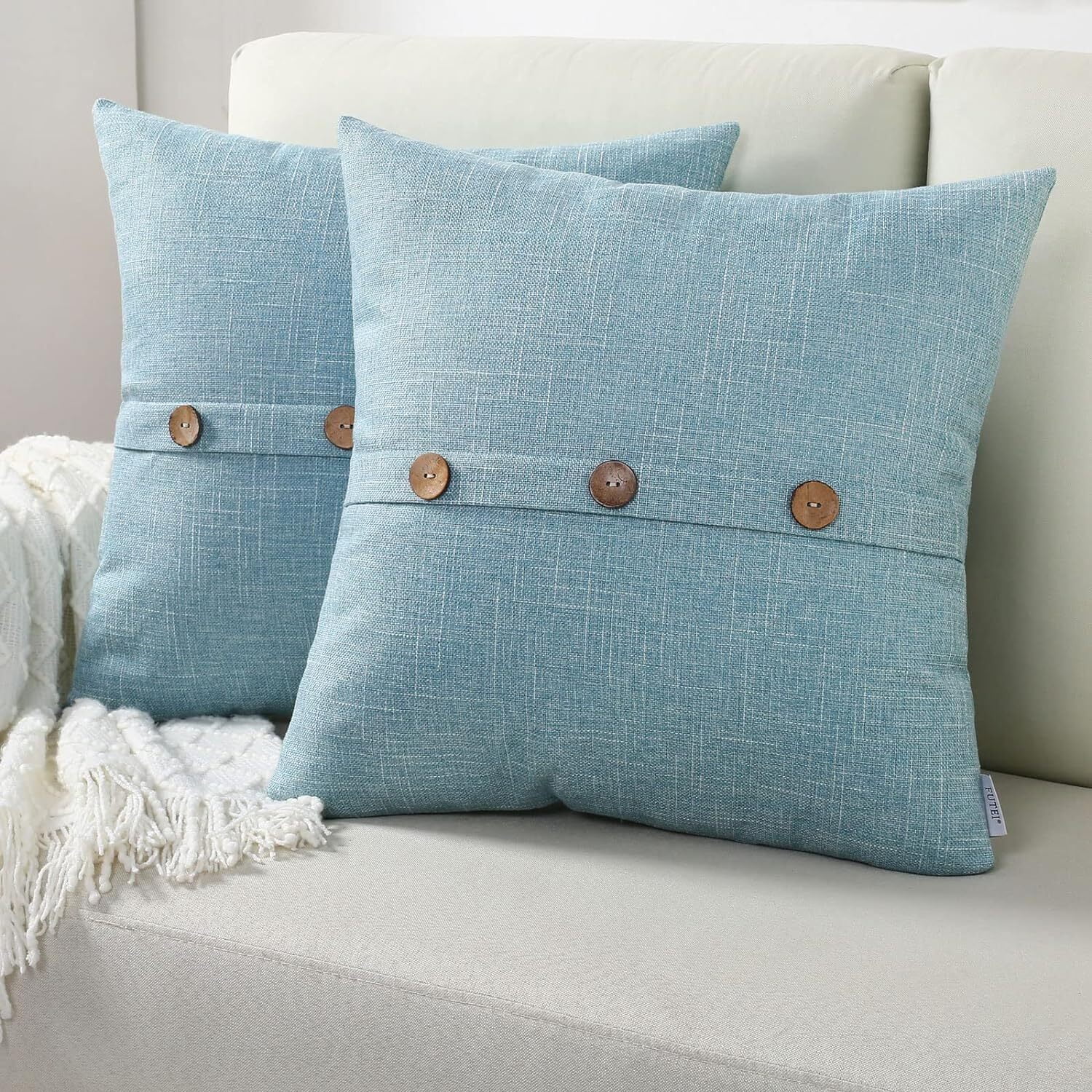 Arsvit Light Blue Linen Decorative Throw Pillow Covers 18x18 Inch Set of 2, Square Cushion Case with Vintage Button/Zipper,Modern Farmhouse Home Decor for Couch,Bed