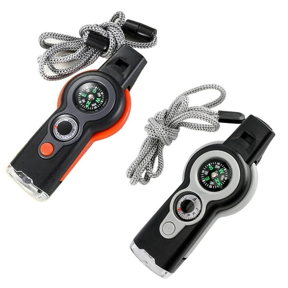 Arsvita 7-in-1 Multifunctional Outdoor Survival Whistle, Compass, Thermometer, LED Reflector, Magnifier for Camping, Hiking, Hunting, Fishing, and Exploring(with Lanyard, Two-Piece Set)