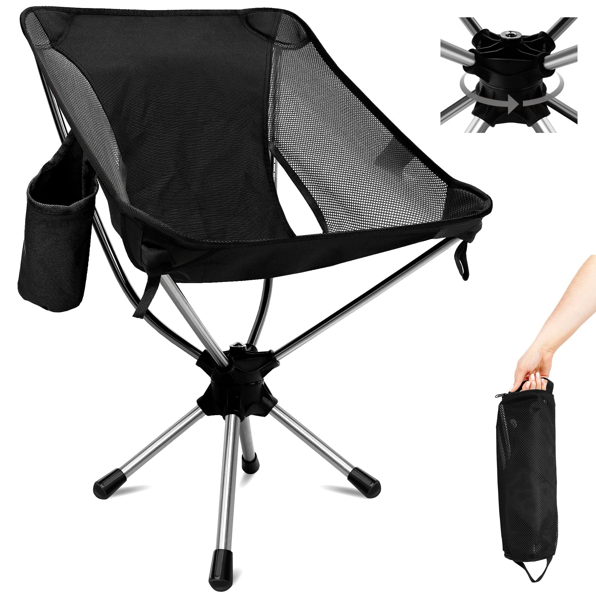 Arsvita Camping Chairs, 360 Degree Swivel Folding Chairs for Adults, Lightweight Camping Chair Portable Chairs, Foldable Outdoor Chairs for Travel Camping Hiking Fishing Beach, Supports 330Lbs Black