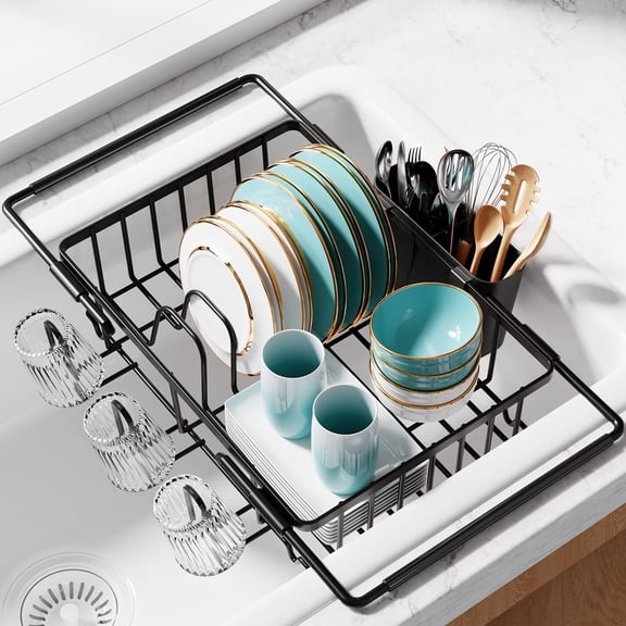 Arsvita Expandable Stainless Steel Dish Drying Rack, over Sink Kitchen Drainer with Cutlery & Cup Holders, Non Slip Sink Organizer, Black 15.4 x 9.8 x 3.0 inch