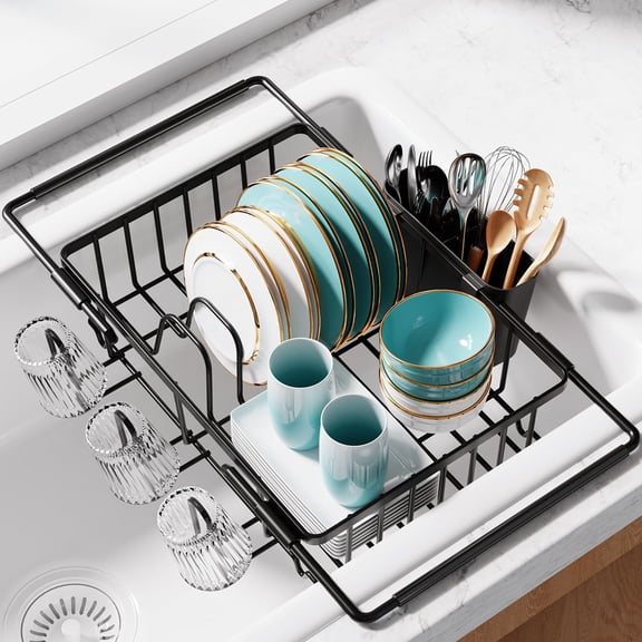 Arsvita Expandable Stainless Steel Dish Drying Rack, Over Sink Kitchen Drainer with Cutlery & Cup Holders, Non Slip Sink Organizer, Black 15.4 x 9.8 x 3.0 Inch