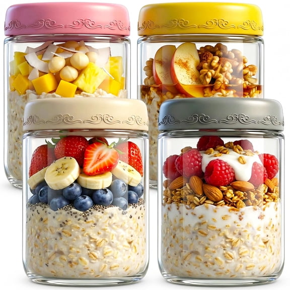 Arsvita 4 Pack 16oz Overnight Oats Glass Jars, Airtight Leakproof Mason Storage Jars with Silicone Lids, Reusable Glass Containers for Meal Prep Yogurt Smoothie Breakfast