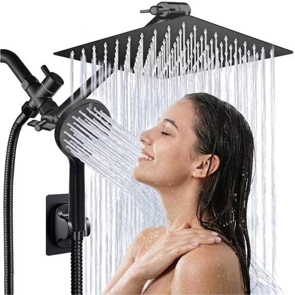 Arsvita Matte Black 10 Inch Square Rain Shower Head Combo, 5 Spray Setting High Pressure Shower with 11" Adjustable Brass Extension Arm & 71" Flexible Hose