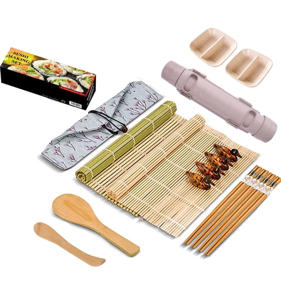 Arsvita 16 Piece Beginner Sushi Making Kit, Beige Bamboo Rolling Mat Tool Set with Sushi Bazooka Chopsticks & Holders, Complete Diy Home Sushi Prep Tools