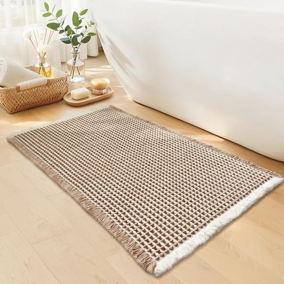 Arsvita Waffle Woven Bath Mat, Khaki White Non Slip Absorbent Quick Dry Bathroom Rug, Boho Farmhouse Decor 18x30 Inch