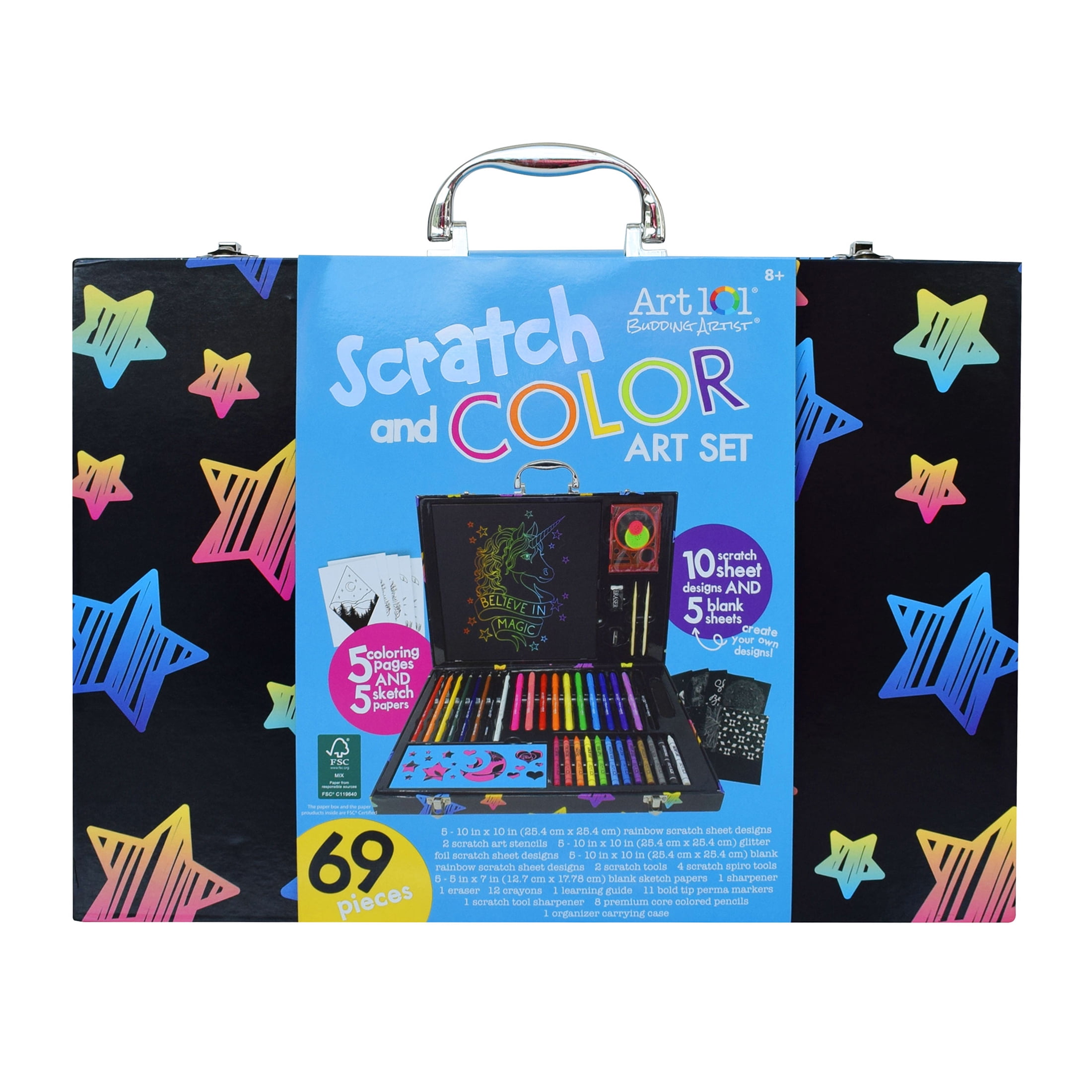 Art 101 Budding Artist 69 Piece Scratch Art and Color Multifunctional Art  Set / Kit in a Colorful Carrying Case for Children and Adults 