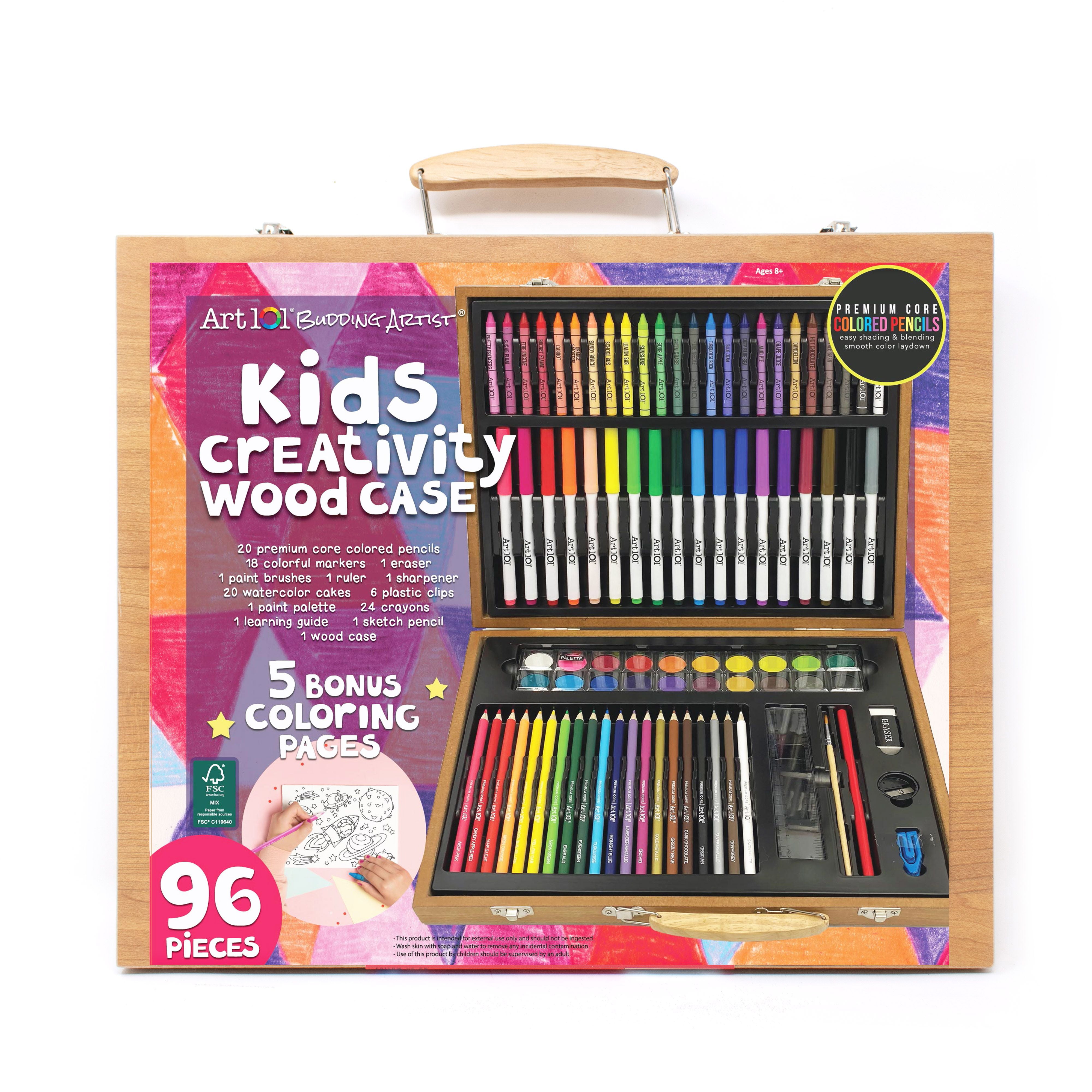 Art 101 Budding Artist Multifunctional Art Set / Kit in Wood Case with 96 Pieces for Children