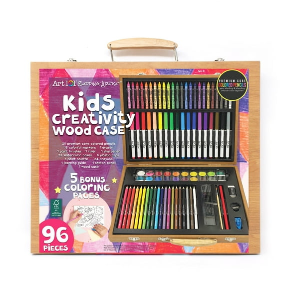 Art 101 Budding Artist Multifunctional Art Set / Kit in Wood Case with 96 Pieces for Children