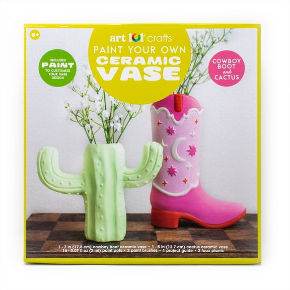 Art 101 Paint Your Own Ceramic Vase Art Set with Cactus and Cowboy Boot Designs