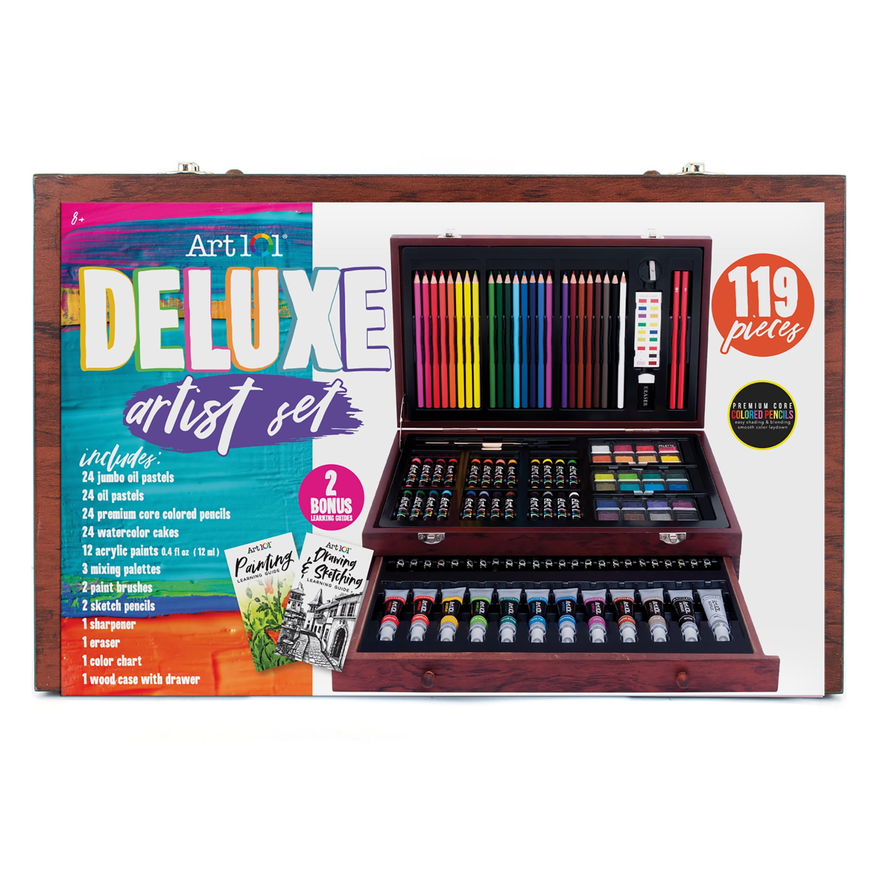  Sunnyglade 145 Piece Deluxe Art Set, Wooden Box & Drawing Kit  with Crayons, Oil Pastels, Colored Pencils, Watercolor Cakes, Sketch  Pencils, Paint Brush, Sharpener, Eraser, Color Chart (Cherry) : Arts