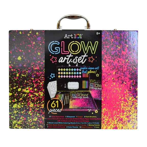 Art 101 Glow and Neon Drawing and Painting Art Set for Children and Adults, 61 Pieces, Multifunctional Set
