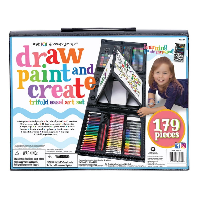 Kids 179 Piece Artist Box Set, Double Sided Trifold Easel Art Set Paints,  Pastels, Crayons, Pencils, Paper and More With Carrying Case 