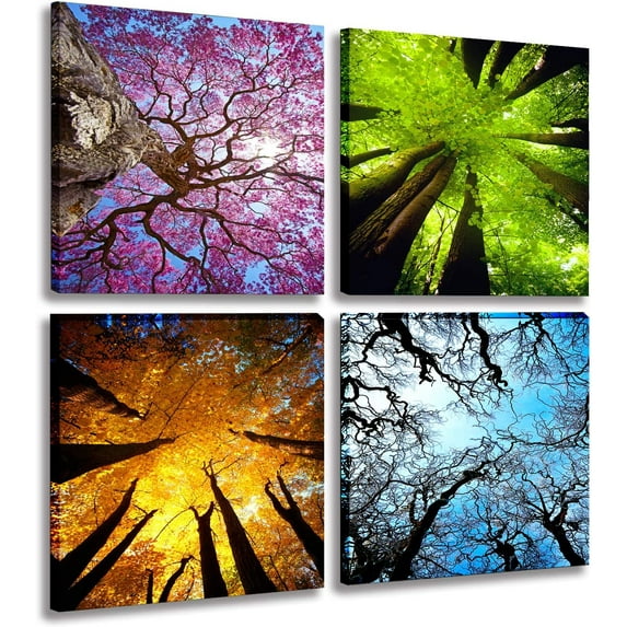Art 4 Panels Canvas Print Wall Art Spring Summer Autumn Winter Four Seasons Landscape Color Tree Painting Pictures Prints Nature Forest Artwork Stretched and Framed for Bedroom Living Room Home