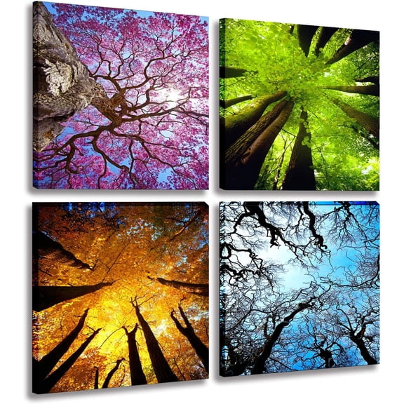 Art 4 Panels Canvas Wall Art Spring Summer Autumn Winter Four Seasons Landscape Color Tree Painting Picture Prints Modern Giclee Artwork Stretched and Framed for Living Room Home Decoration