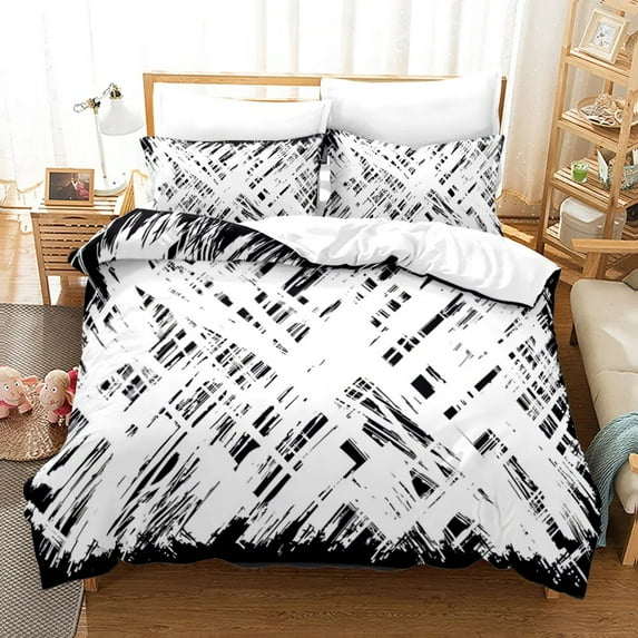 Art Abstract Duvet Cover Set King Size Grey and White Stripe Pattern Bedding Set Polyester Comforter Cover for Women Men