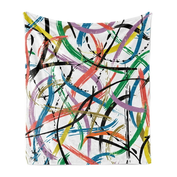 Art Abstract Soft Flannel Fleece Throw Blanket, Contemporary Novelty Artwork with Irregular Jumble Colorful Line Strokes, Cozy Plush for Indoor and Outdoor Use, 70" x 90", Multicolor, by Ambesonne
