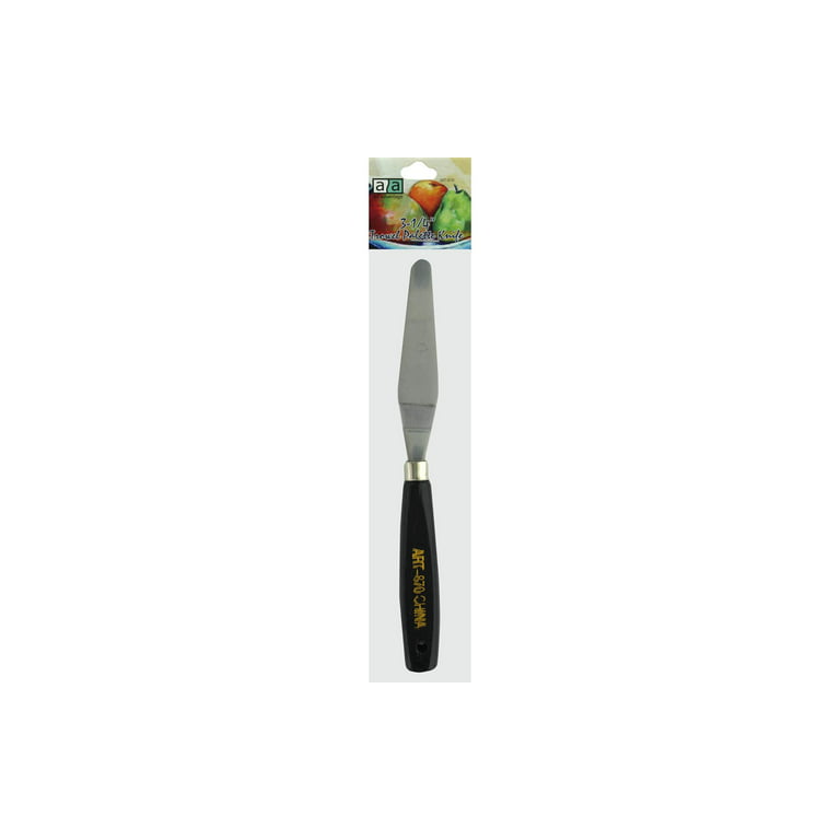 Metal spatula, trowel with plastic handle and paint brush on white