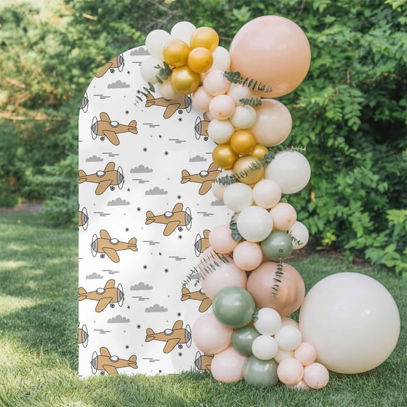 Art Aircraft Arch Backdrop Cover 5 FT, Brown Cartoon Airplane Gray Clouds Watercolor Wedding Arch Cover Stretchy Backdrop Stands Covers for Birthday Party Ceremony Banquet Decor