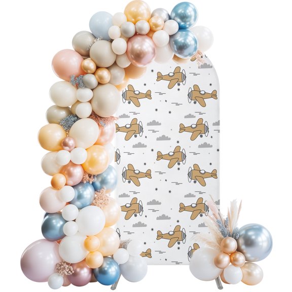 Art Aircraft Arch Backdrop Covers 5 FT, Brown Cartoon Airplane Gray Clouds Watercolor Stretchy Fitted Arched Stand Covers