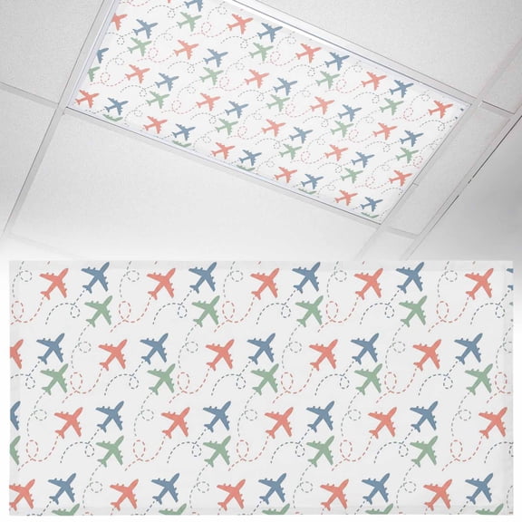 Art Aircraft Fluorescent Light Covers Blue Green Orange Cartoon Airplane Watercolor Retro Magnetic Light Filters Ceiling Lighting Panel Shade for Classroom Office Home 2 x 4 ft, 1 Pack