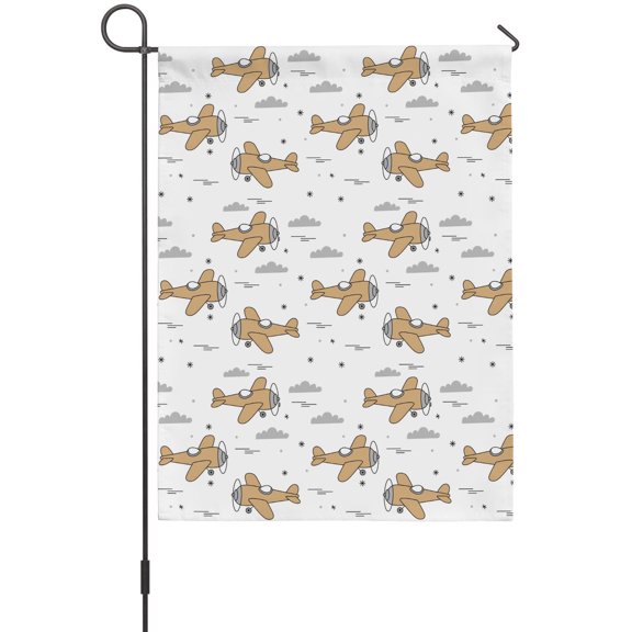 Art Aircraft Garden Flags For Outdoor, Brown Cartoon Airplane Gray Clouds Watercolor Small Double Side Yard Flags Weather Proof Garden Decor for Lawn Outside Holiday 12 x 18 Inches