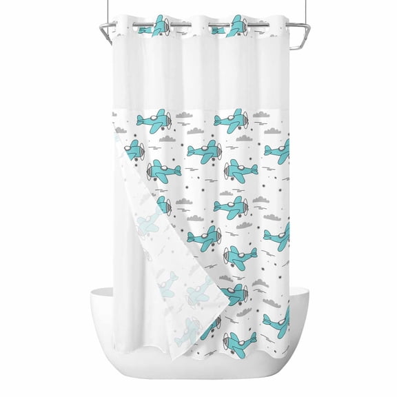 Art Aircraft No Hook Shower Curtain with Snap in Liner Blue Cartoon Airplane Gray Clouds Watercolor Waterproof Bathroom Shower Curtain with See Through Top Window for Bathtub 36" x 72"