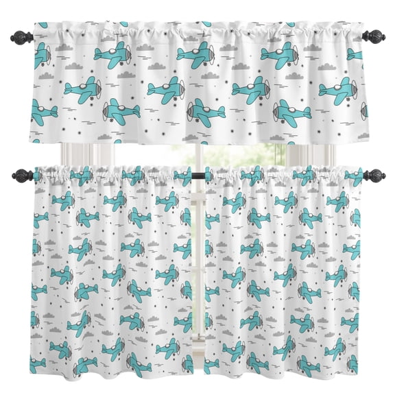 Art Aircraft Kitchen Curtains Set for Windows, Blue Cartoon Airplane Gray Clouds Watercolor Curtains Valance and Tier 3 Piece Set Small Drapes 36 Inch Length for Kitchen Bedroom Decor