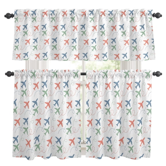Art Aircraft Kitchen Curtains Set for Windows, Blue Green Orange Cartoon Airplane Watercolor Retro Curtains Valance and Tier 3 Piece Set Small Drapes 24 Inch Length for Kitchen Bedroom Decor