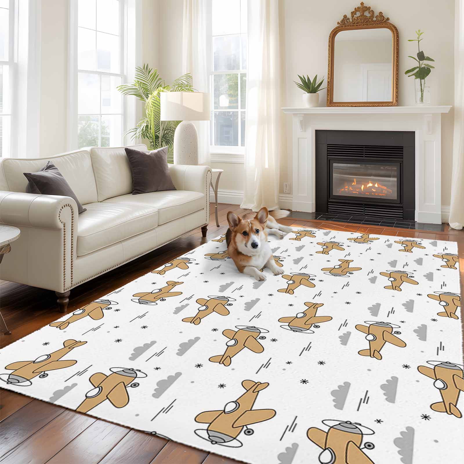 Washable Rug Sticker Example Art Aircraft Large Area Rugs 8x10 ft Brown Cartoon Airplane Gray Clouds ...
